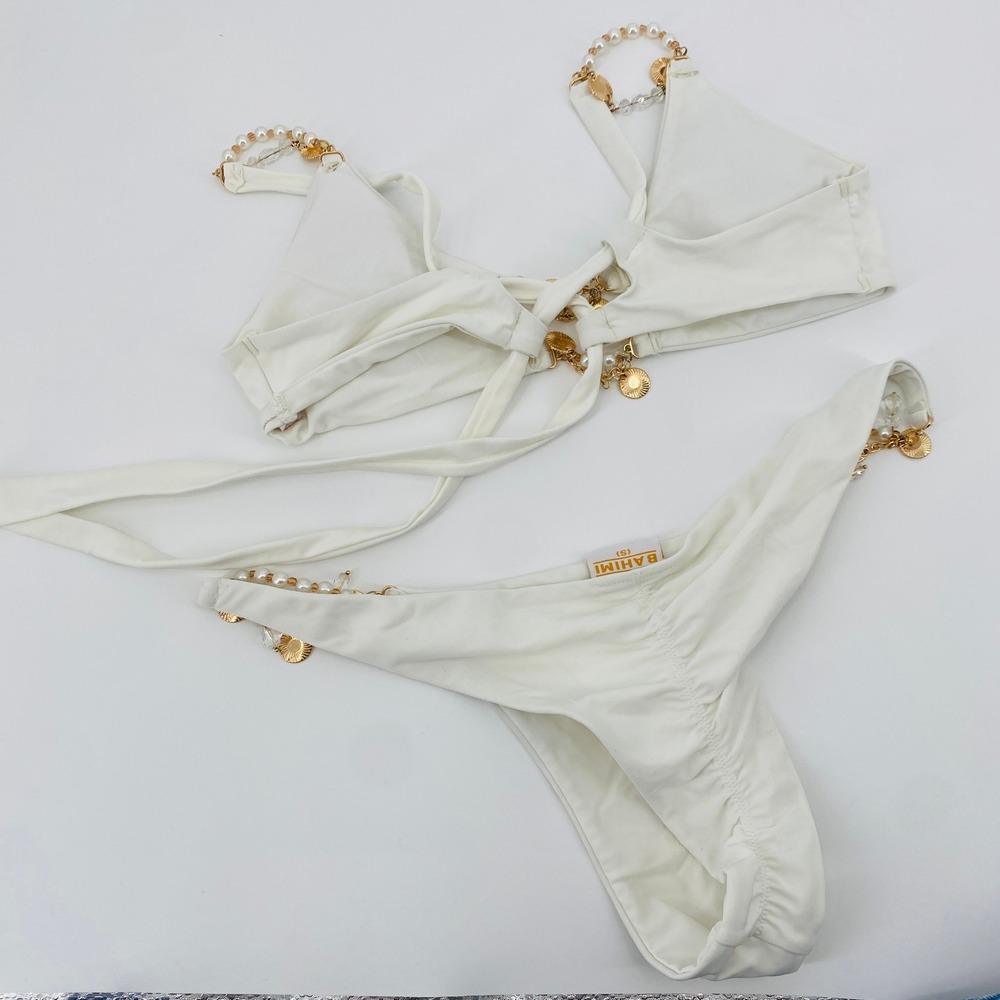 Bahimi Cara Brazilian Bikini Set S/M White Pearl Charm Shell Two Piece - Picture 4 of 7
